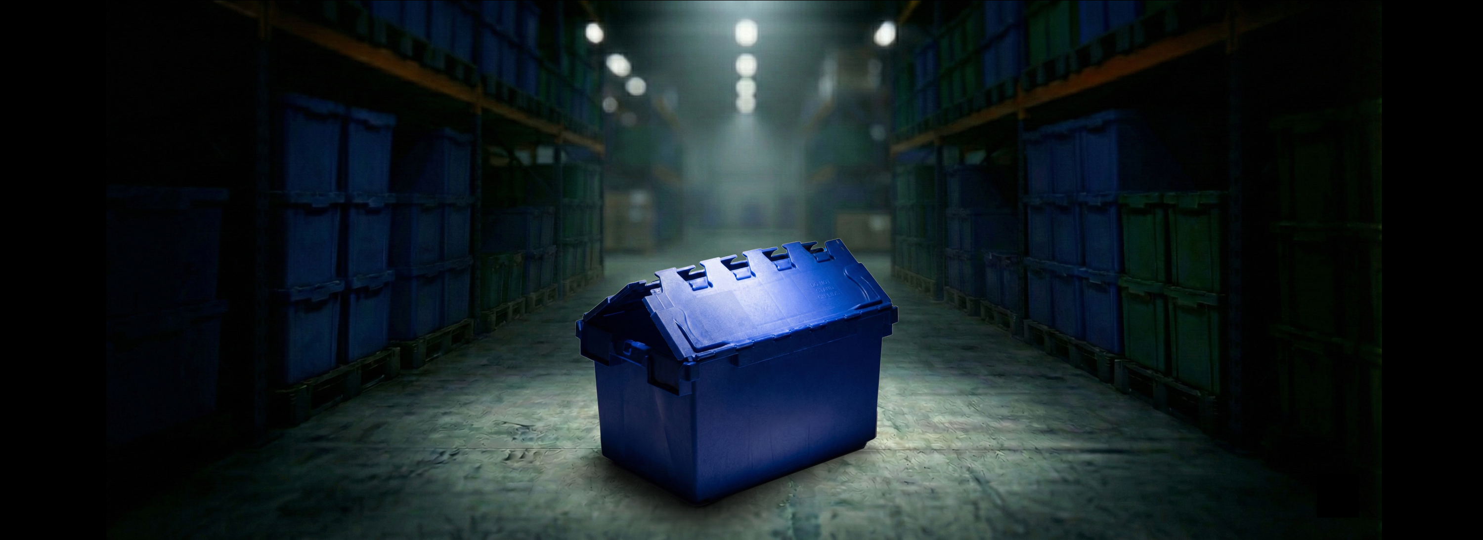 Gator storage container in a dimly lit warehouse